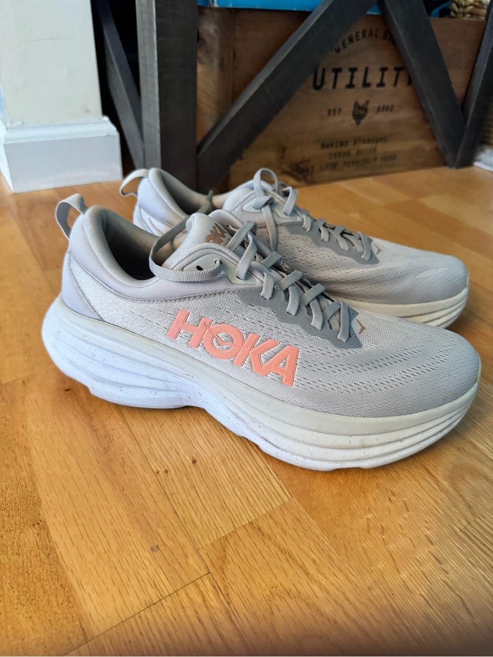 Hoka Women's Light Gray Athletic Sneakers with Peach color Logo Accent